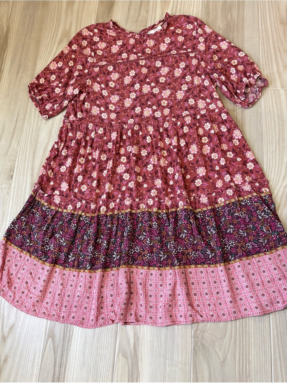 Knox Rose Rust Floral Tiered Boho Mini Dress | Size L | Like New - Picture 2 of 5